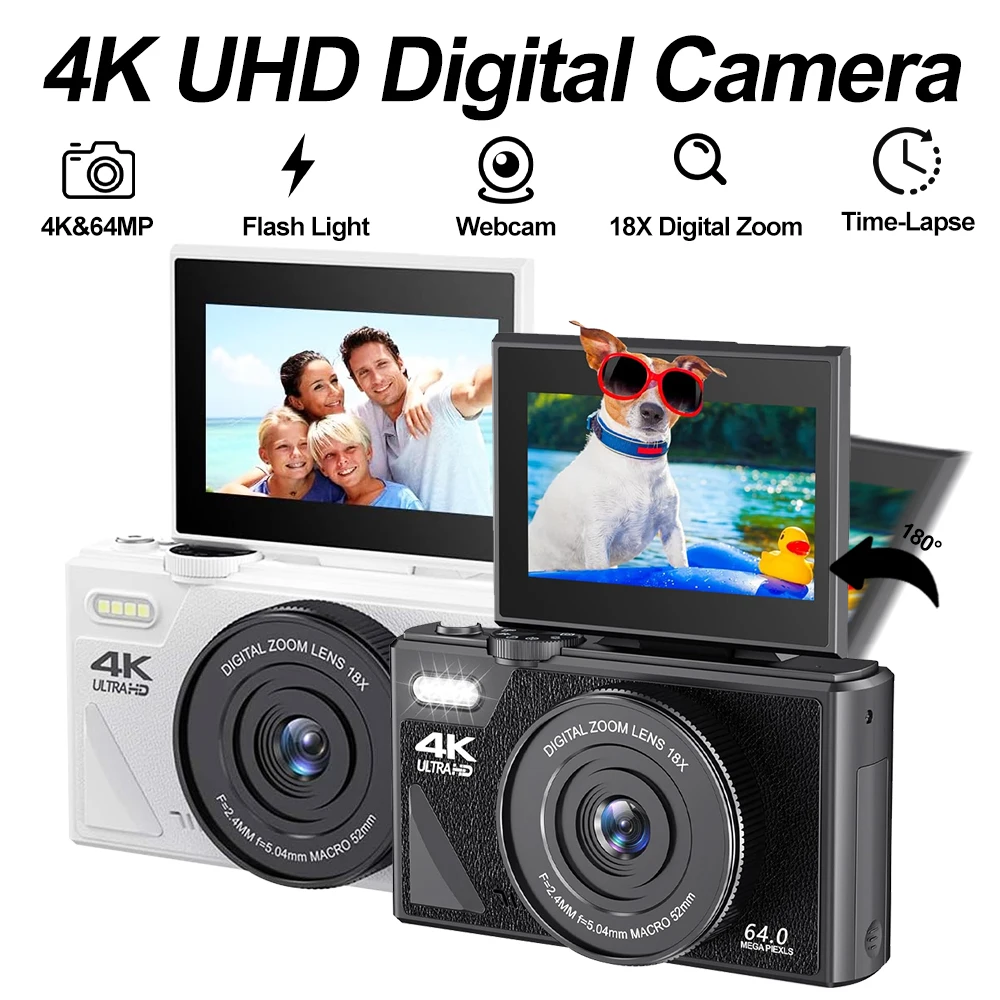 

4K Compact Digital Camera 18X Digital Zoom Vintage Vlog Video Recorder 180° Flip 3'' Screen Selfile WiFi Web Cam for Photography