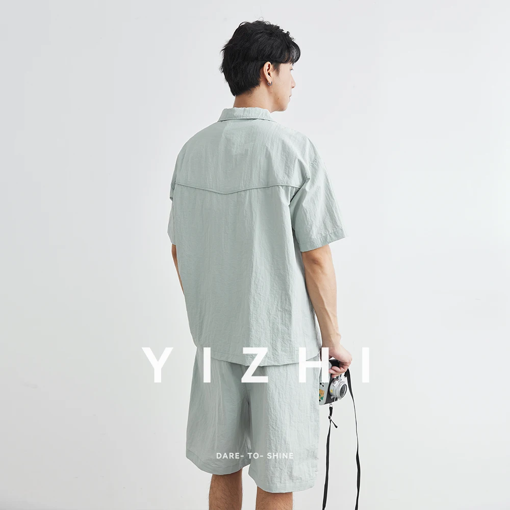 Fashion Men's Short Sleeve Shorts Suit Ice Silk Leisure Sports Outdoor Breathable Summer Lapel Top Elastic Waist Shorts Men Suit