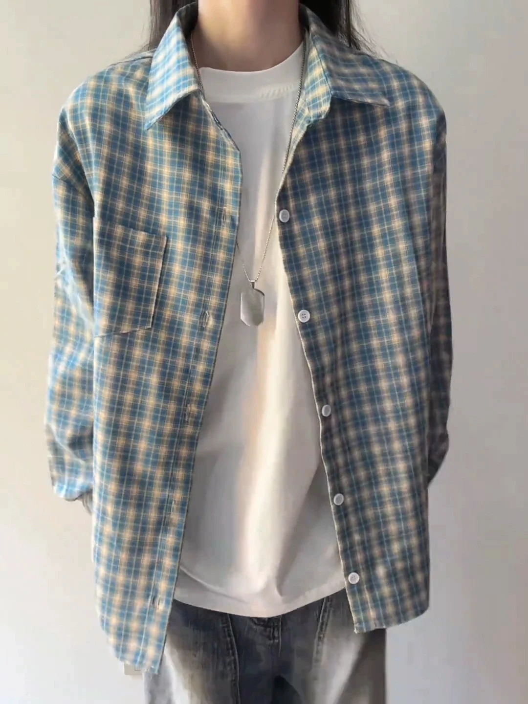 

Blue And White Plaid Long Sve Men's irt Loose Casual Korean Sle Autumn Wear Retro American Couple Outerwear Coat