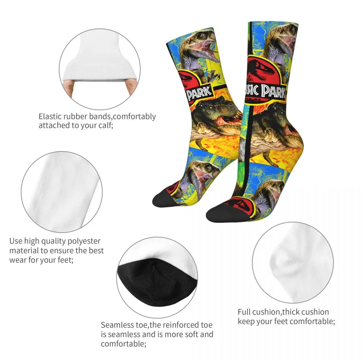 Hip Hop Retro Dinosaurs Panel Portrait Unisex Jurassic Park Harajuku Seamless Printed Funny Novelty Happy Crew Sock Boys Gift