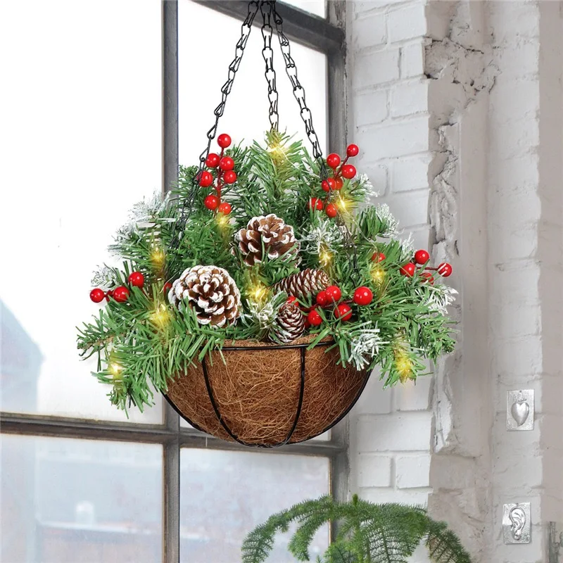 

Christmas Artificial Hanging Basket Frosted Berries LED Lights Hanging Flower Basket Pinecone Festive Props for Door e Window