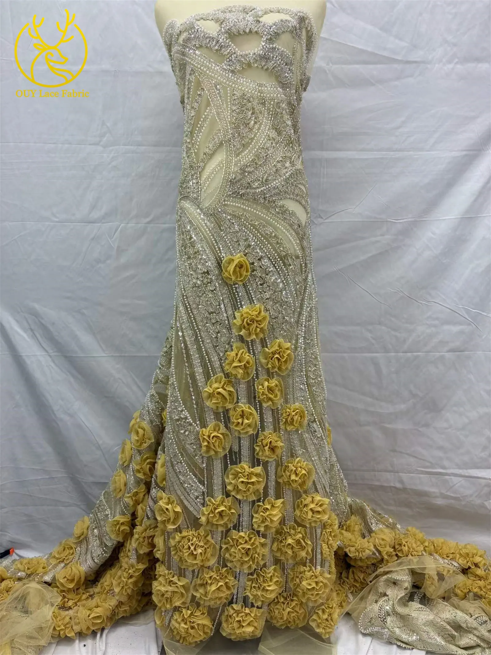 Eleganter 3D-Blumen-Französischer Perlen-Pailletten-Spitzenstoff 2026 Hochwertiger Afrikanischer Spitzenstoff Nigerianisches Hochzeitskleid Nähzubehör – Detail 10