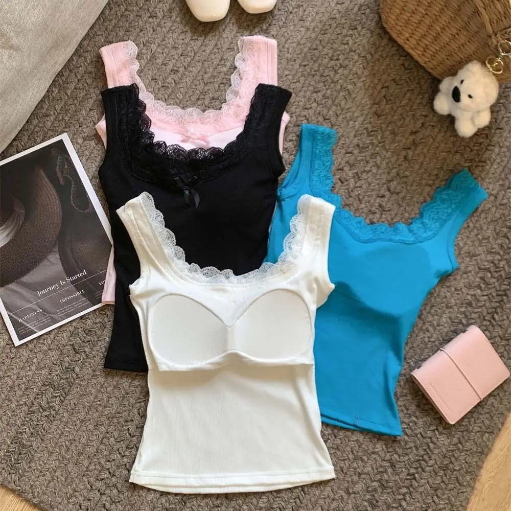 

Sweet Mesh Flower Y2k Lace Crop Top Bow Slim Fit Women's Sleeveless Vest Undershirt Streetwear Camisole with Chest Pad Beach