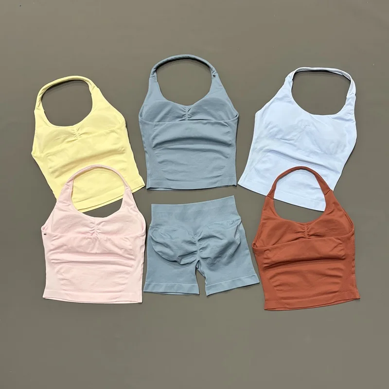 2Pcs HISTELLO Butt Lifting Tummy Control Women Gym Sports Set Backless Halter Top Seamless High Stretch Shorts Yoga Workout Set
