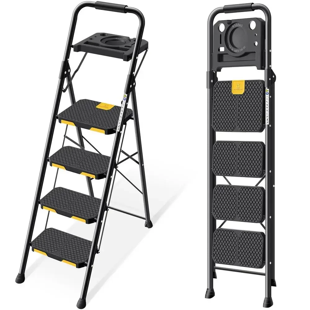 Portable 4 Step Ladder Tool Platform Folding Safety Locking Steel Sturdy Ladder-Safety Mechanism-800lbs Capacity-Multi-Position-