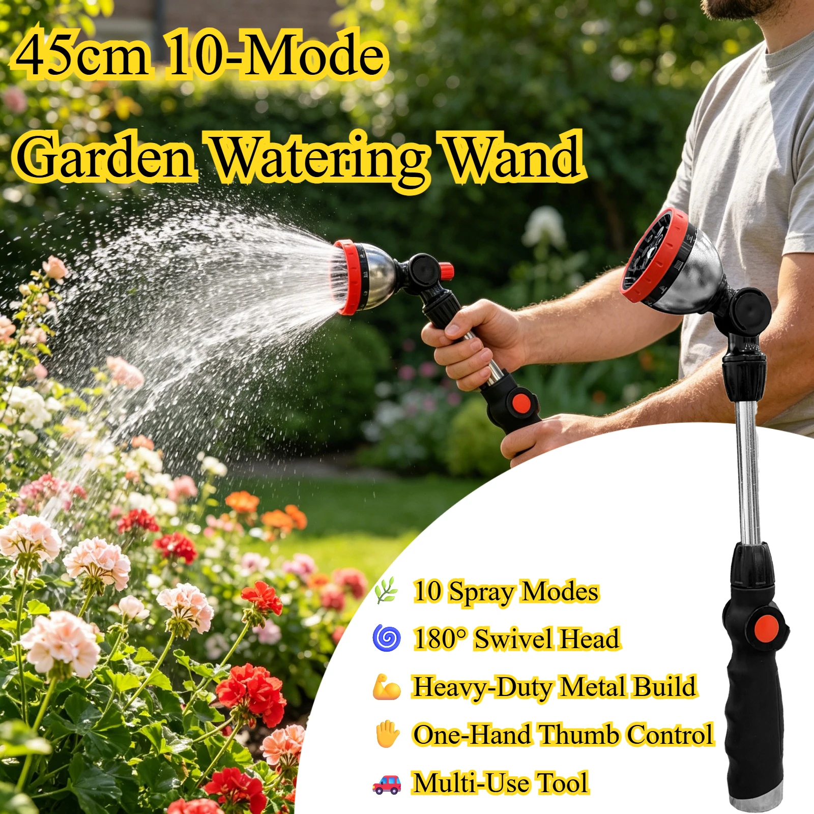 10-in-1 Garden Watering Wand with 180° Rotatable Head 45cm Long Versatile Water Gun for Plant Irrigation And Car Washing