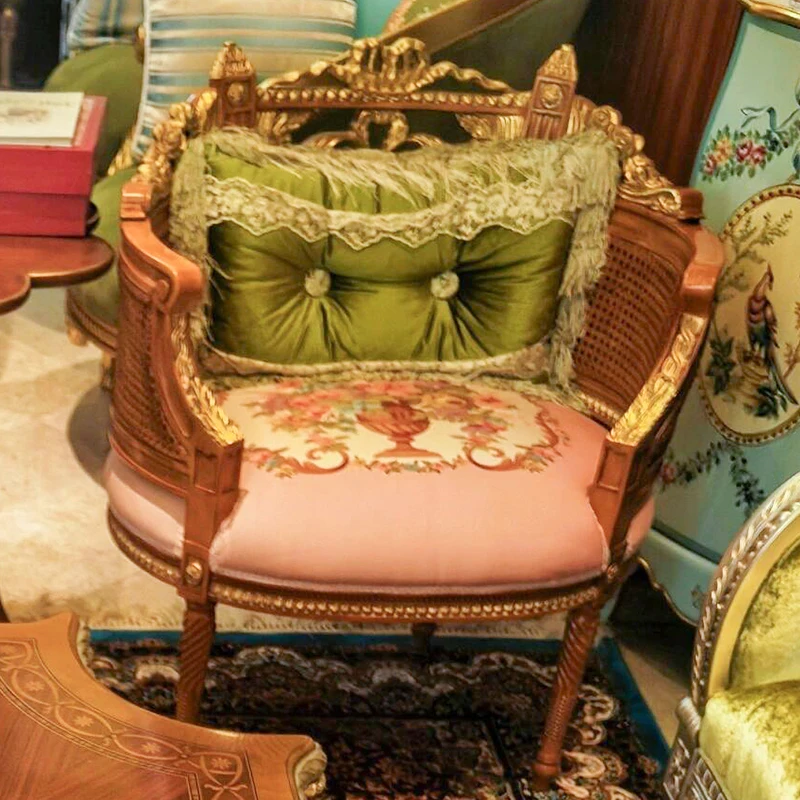 Solid wood carving pink printed fabric leisure chair sofa new single double seat