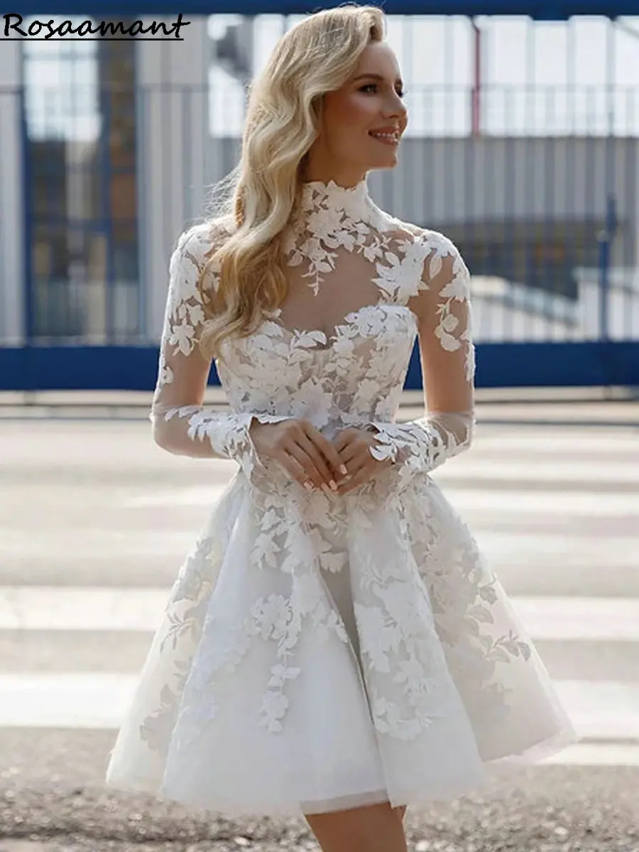 

Vintage High Neck Long Sleeve Mini Short Wedding Dresses Illusion Appliques Lace Country Boho Bridal Gowns