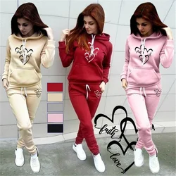 Fashion Sportswear Printed Hoodie + Pants Two Piece Sweatshirt + Jogging Pants Women's Pullover Sportswear