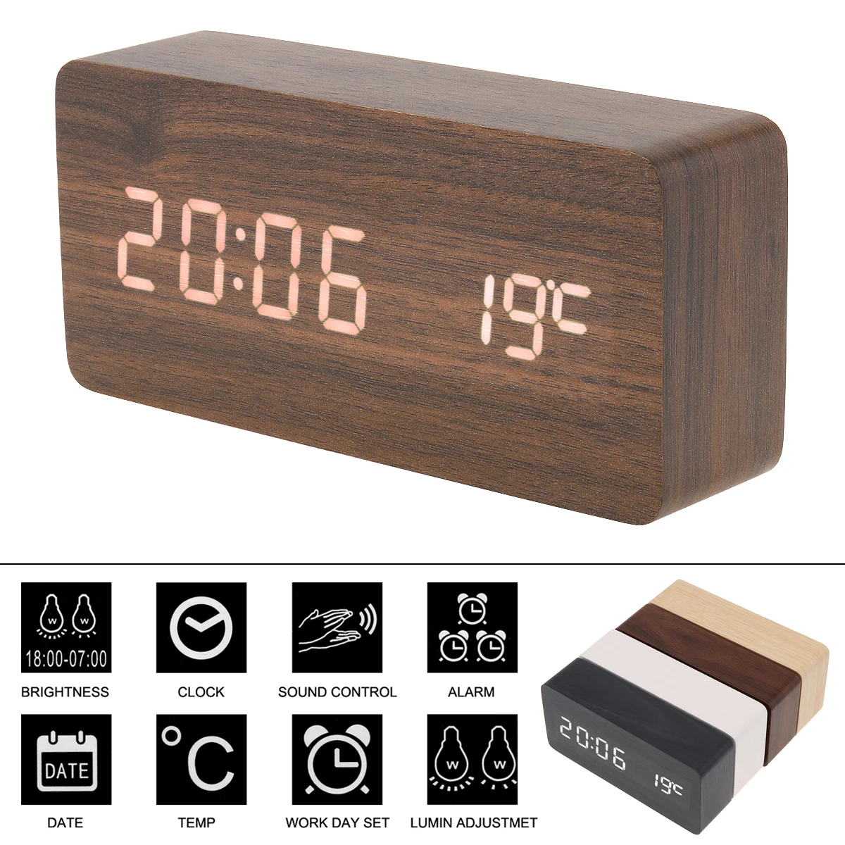 

LED Wood Alarm Clock Voice Control Time Date Temperature Digital Bamboo Rectangle Table Desktop Clock Alarm