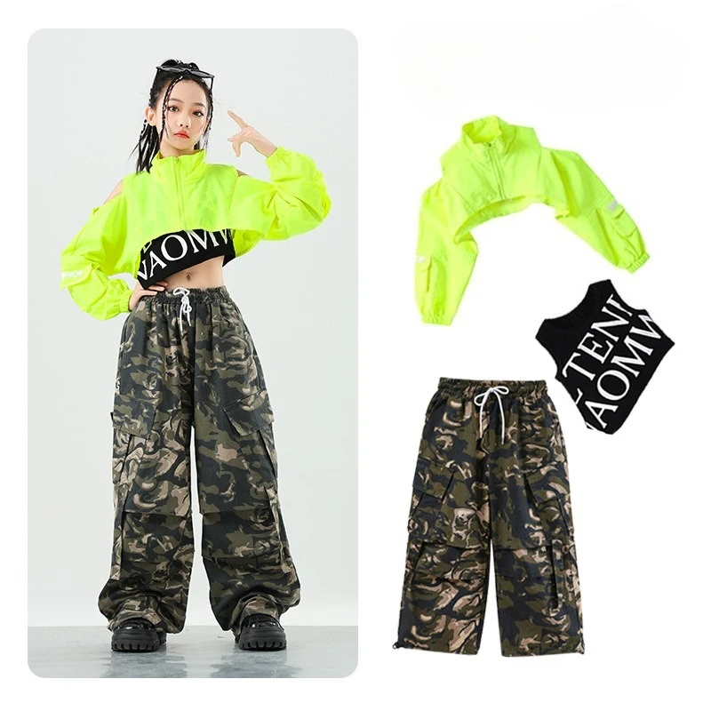 

Girls Street Dance Clothes Fashion Hip Hop Outfits Kpop Green Crop Tops Leopard Pants Modern Streetwear Stage Performance Sets