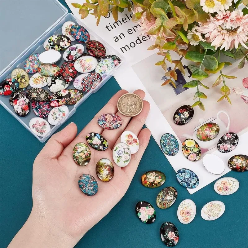 50 قطعة كبوشن الزجاج البيضاوي 25x18 مللي متر زهرة مطبوعة الزجاج كبوشن خمر مختلط اللون بلاط الموزاييك لقلادة صور الحرفية
