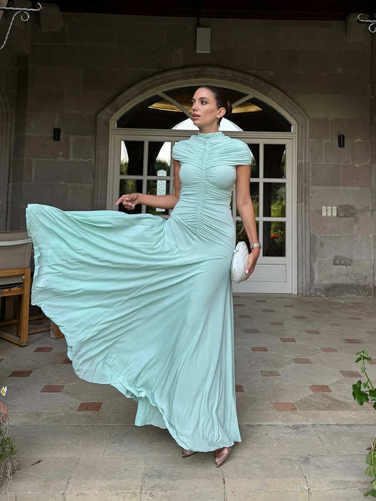 ชุดเดรสยาวทรงเข้ารูป คอเต่า จับจีบ แขนสั้น สำหรับผู้หญิง เหมาะสำหรับงานปาร์ตี้ งานพรอม หรืองานเลี้ยงต่างๆ ดีไซน์หรูหรา  คอลเลคชั่นใหม่ 2025