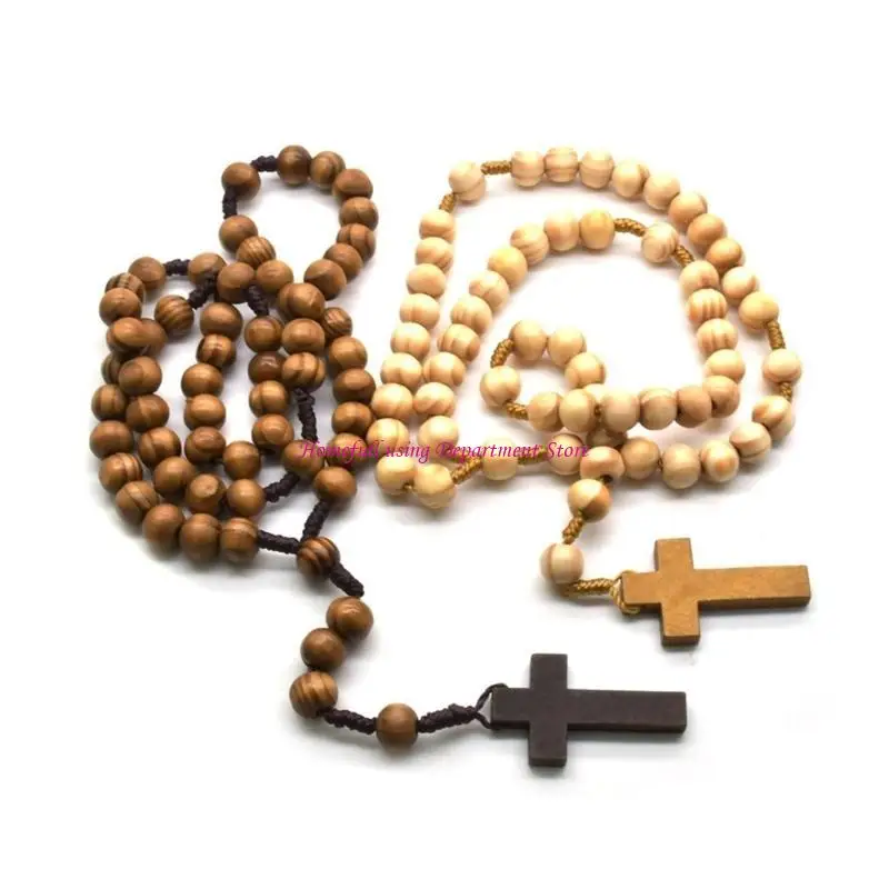 Catholic Prayer Beads Rosary Necklace with Wooden Crosses Pendant Religious Accessories for Communion