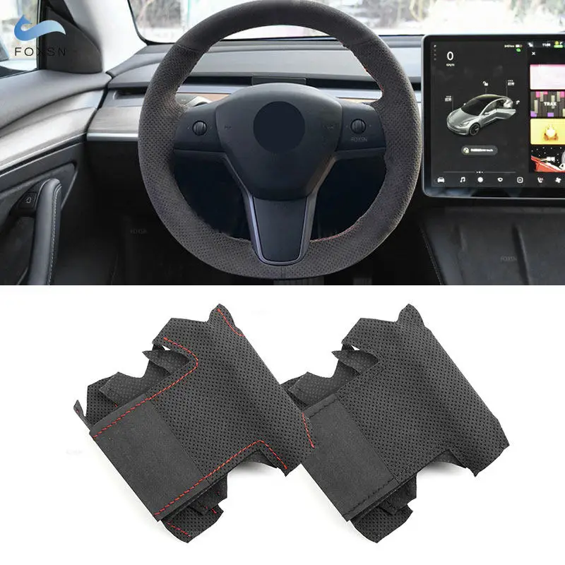 For Tesla Model 3 2015 2016 2017 2018 -2021 Model Y 2019 2020 2021 Car Inner Steering Wheel Cover Suede Leather Protective Trim