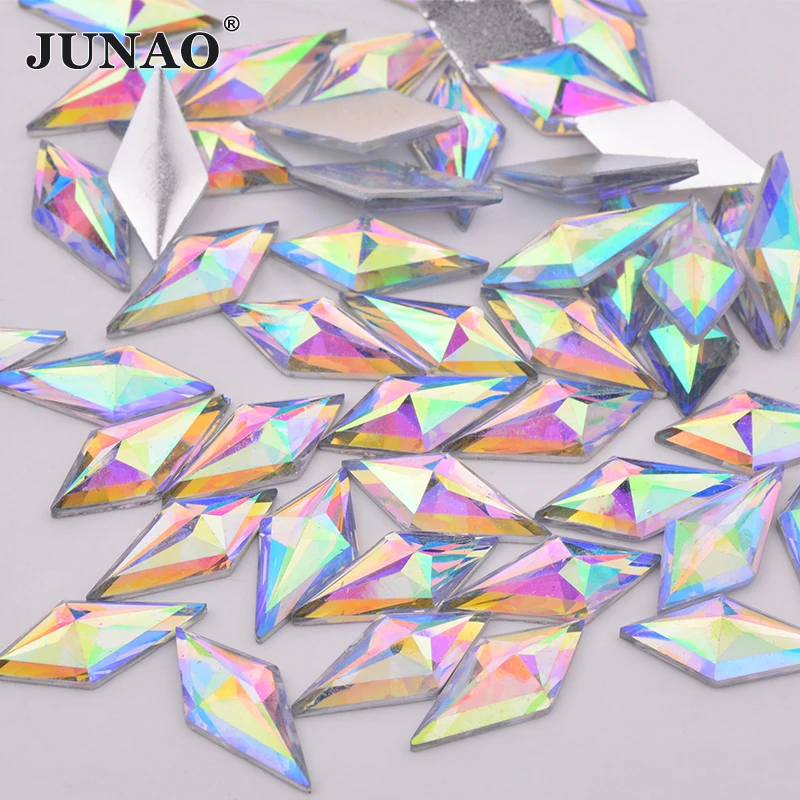 JUNAO 40Pcs 10*22mm Crystal AB Glittler Resin Rhinestone Rhombus Shape Strass Non Sewing Stones For Handicrafts