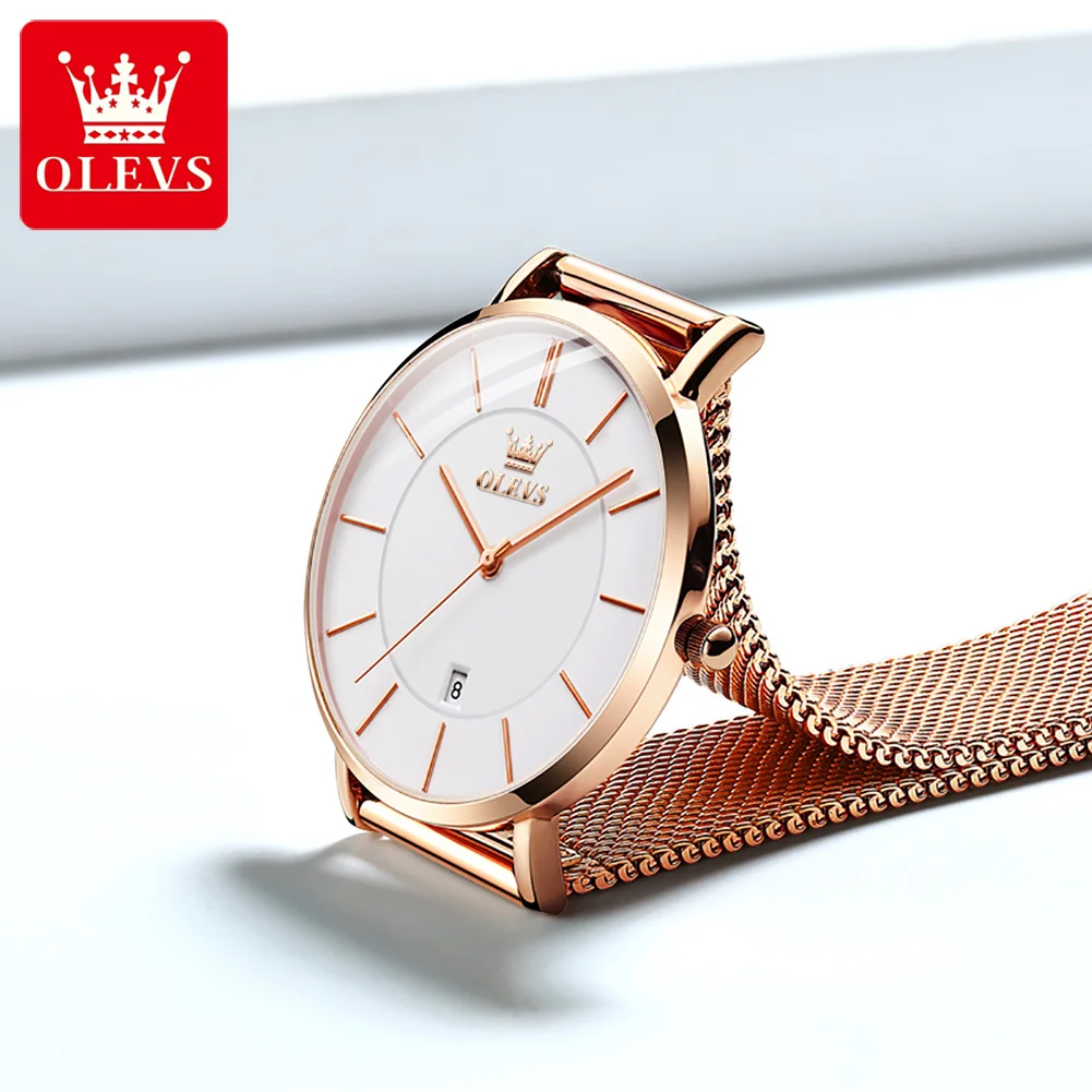 Olevs 6.5Mm Ultra Dunne Horloges Voor Vrouwen Rose Goud Roestvrij Staal Waterdichte Dames Horloges Grote Gezicht Quartz Horloge Gift doos