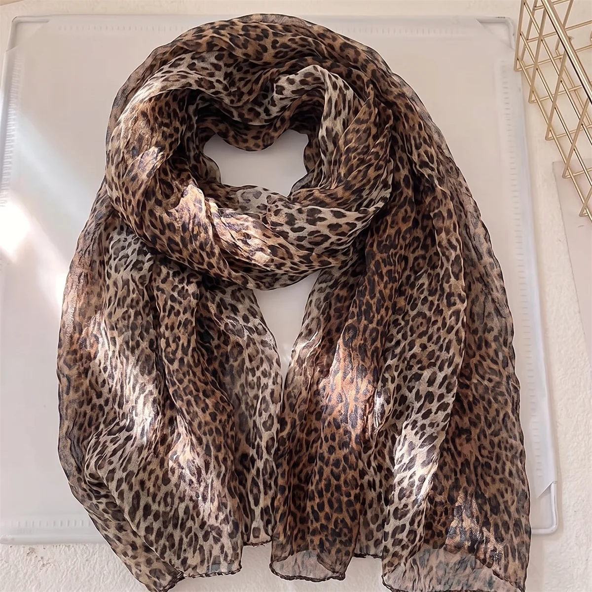 Women Leopard Print Scarf Lightweight Crinkled Shawl Wrap Soft Breathable Neck Scarves for Daily Outfit Streetwear Decoration