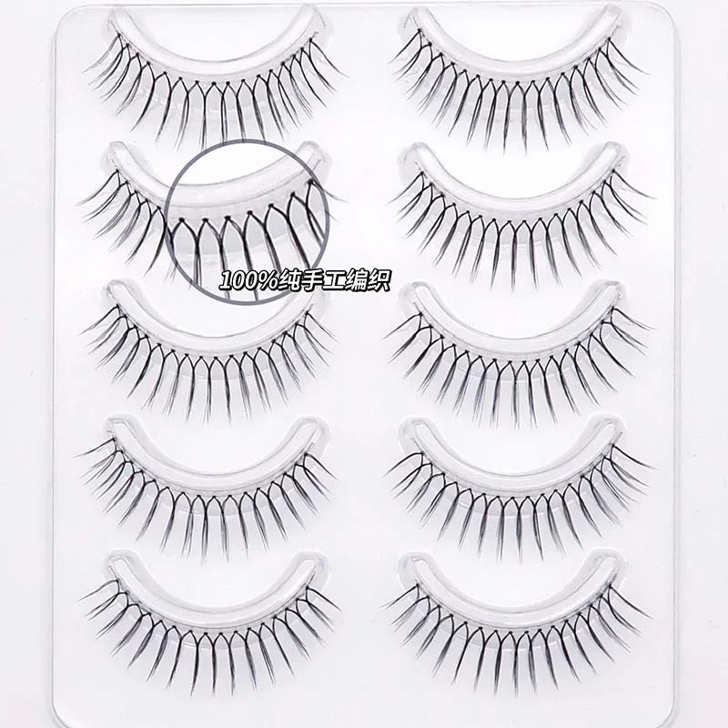 5 Pairs Korean Fake Eyelashes Thin Transparent Stem Eyelashes Natural Simulation U-shaped Handmade Lashes Beginner Makeup Tools