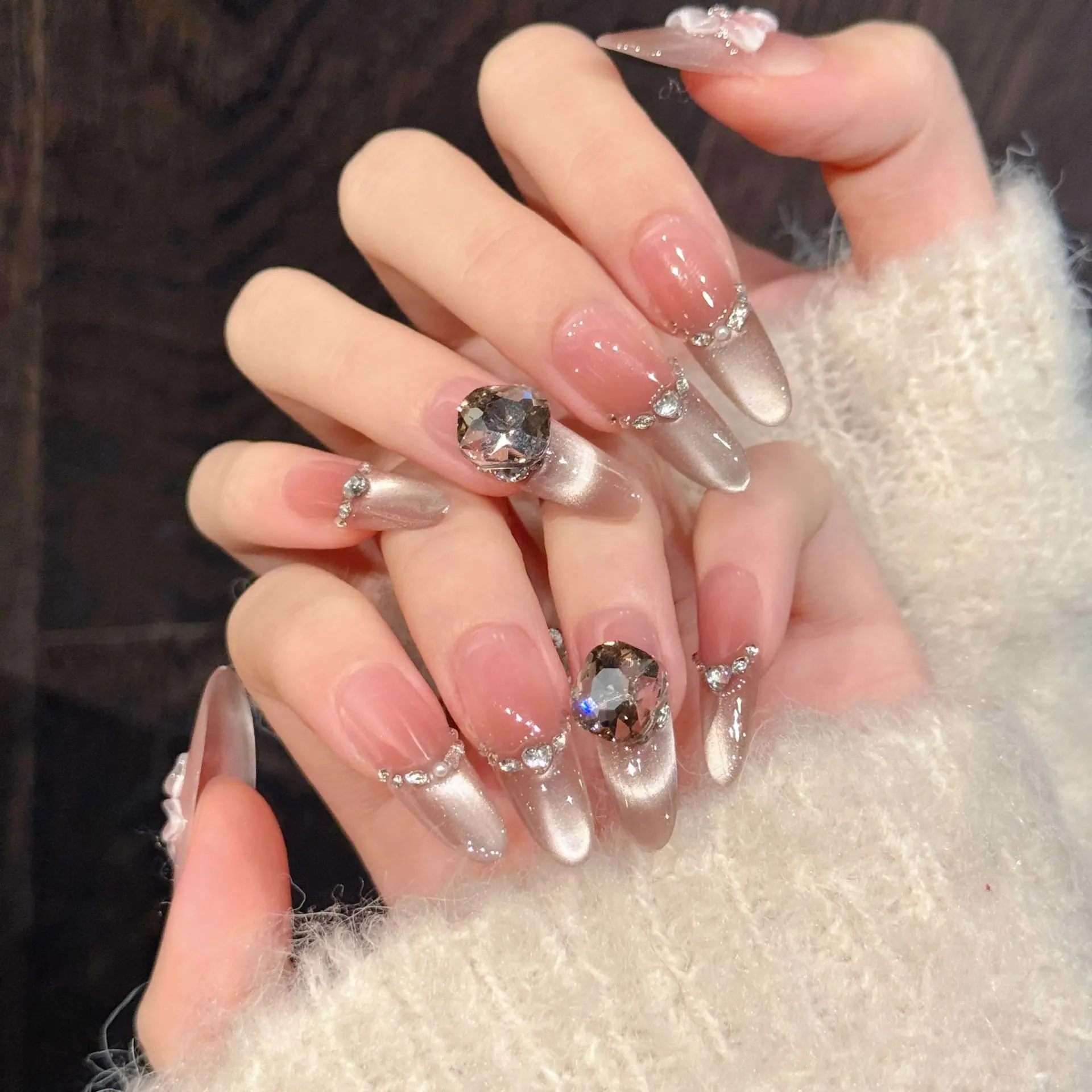 10 pçs de luxo artesanal imprensa em unhas longo oval escultura broca quebrada design com ferramenta de 3 peças abas adesivas de cola de unhas