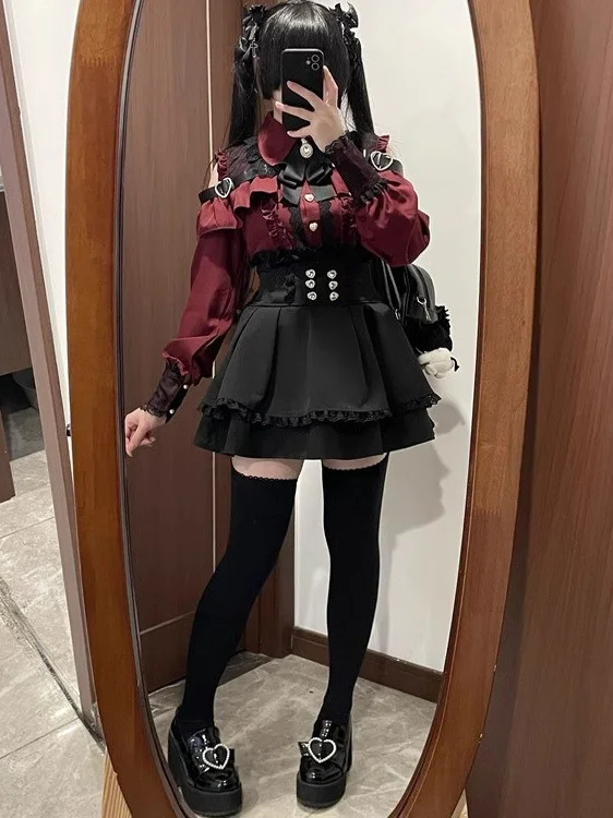 Sweet Encounter Japanese Sle Skirt Set Lace oulder Bared Long Sve irt High Waist  Skirt Casual Loose Fit