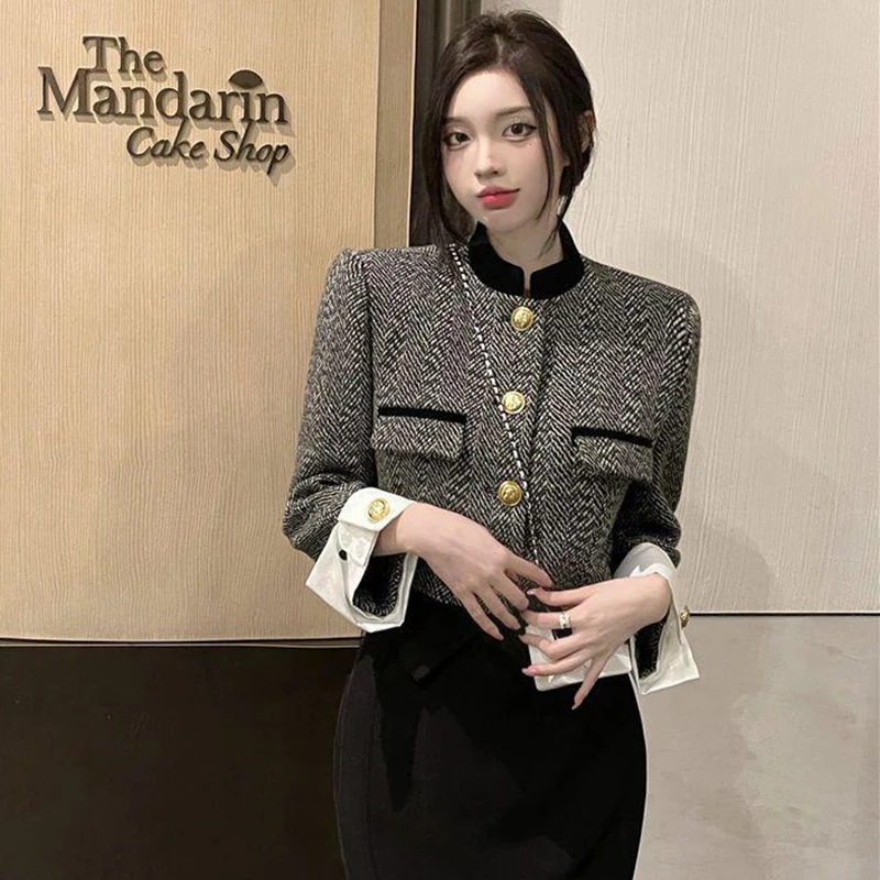 Y2K Retro Women Crop Coat Korean Elegant Stand Collar Female Jacket Autumn All Match Button Long Sleeve Ladies Casual Tops