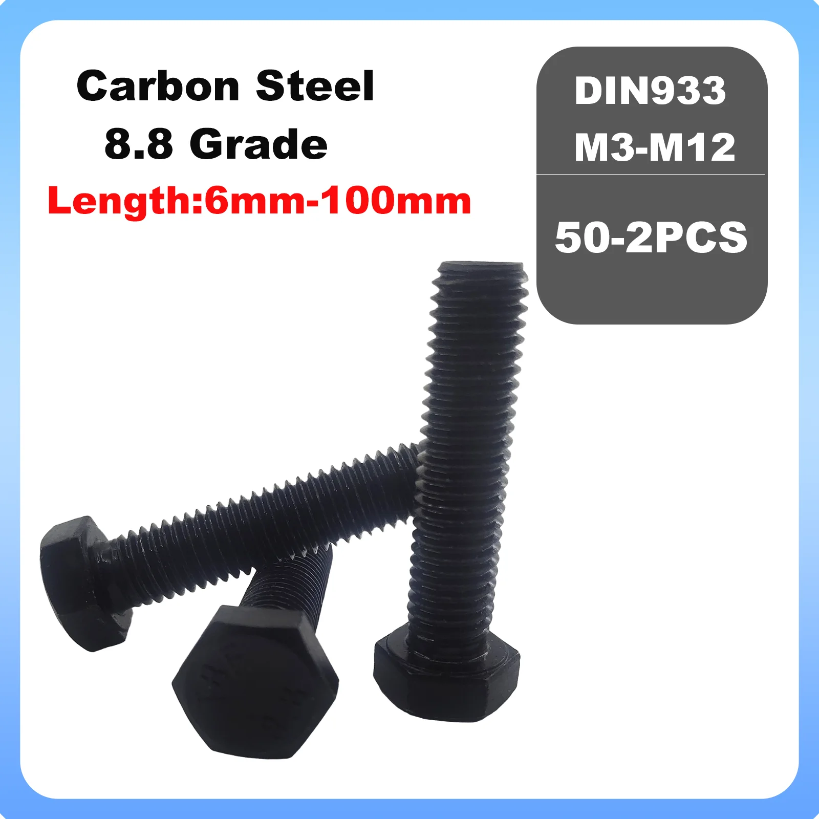Fully Threaded M3 M4 M5 M6 M8 M10 M12 DIN933 Black Grade 8.8 Carbon Steel External Outside Hex Hexagon Head Screw Bolt GB5783