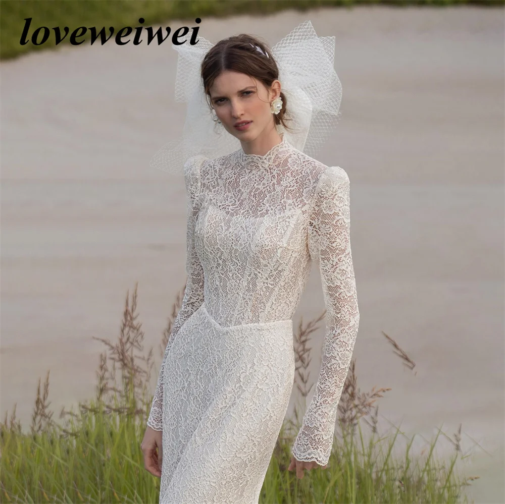 Illusion High Neck Lace Bride Dresses Luxury Mermaid Backless Long Sleeve Wedding Dress For Women Vestidos De Novia