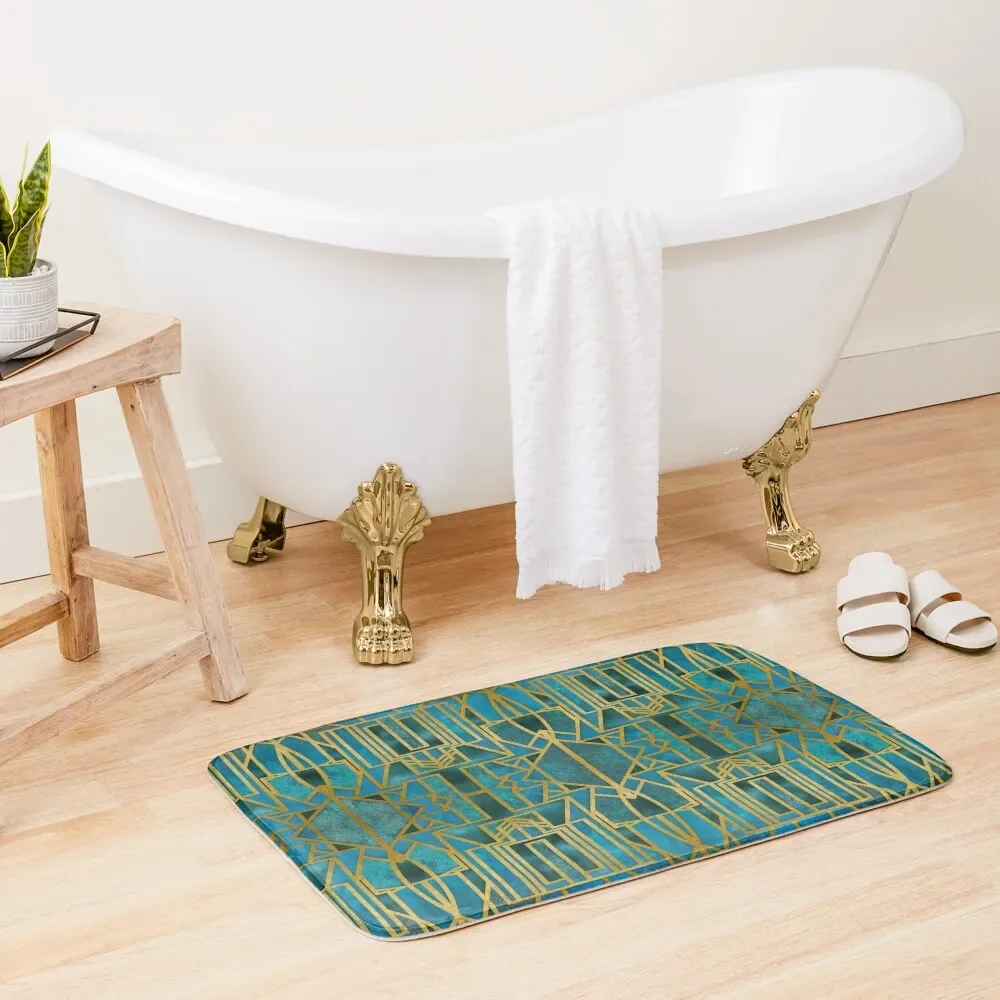 

Elegant Retro Art Deco Pattern With Marble Elements In Teal And Gold Bath Mat Absorbent Bathroom Bathroom Use Mat