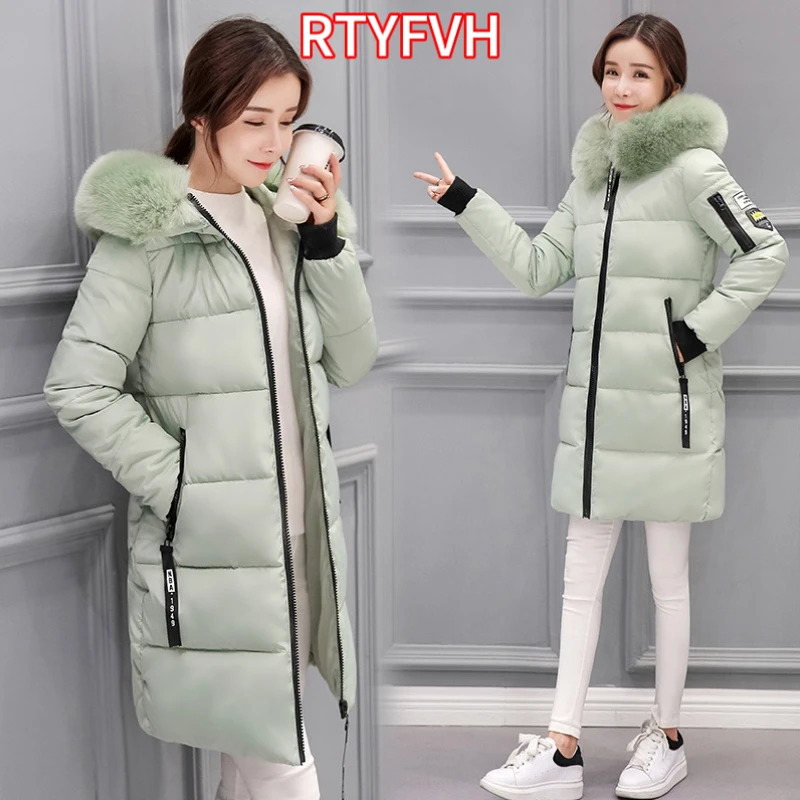 2024 Winter Jacket Women Parka Big Fur Collar Hooded Thick Warm Long Female Coat Casual Outwear Down Cotton Jacket Parkas