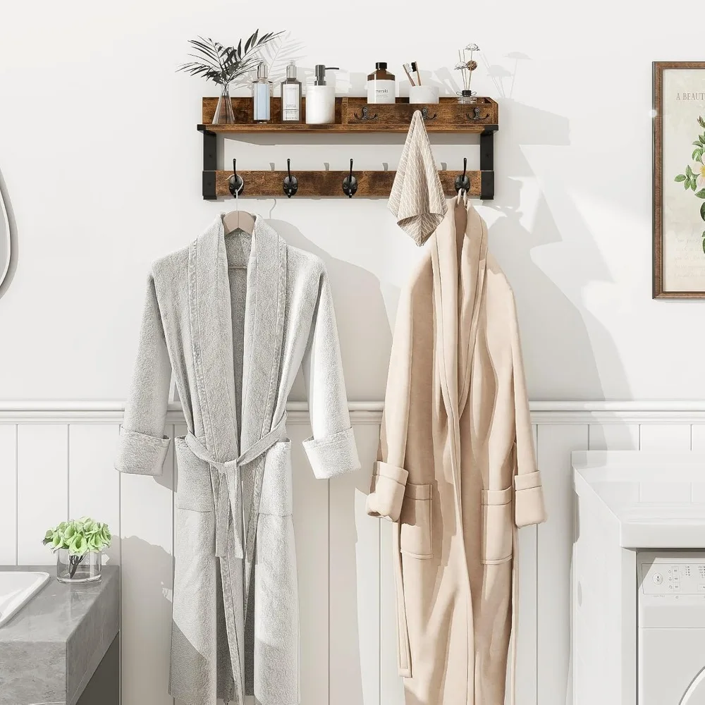 رف معطف خشبي مثبت على الحائط مع رف وخطافات، منظم مدخل مقاس 26 بوصة مع مساحة تخزين للمفتاح والبريد