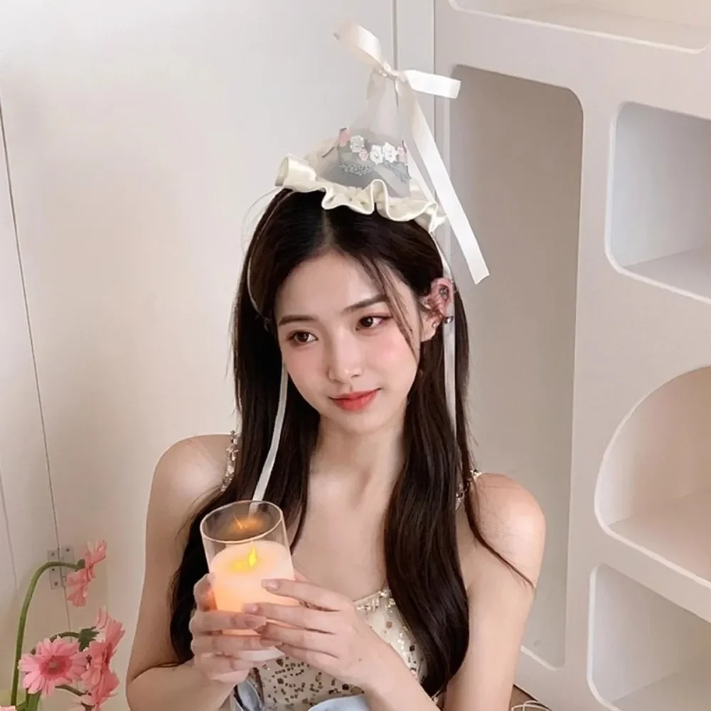 Cute Style Embroidery Mesh Birthday Hat Hair Clips with Ribbon Flower Knot Headband Cone Hats Party Headdress Sweet Girl