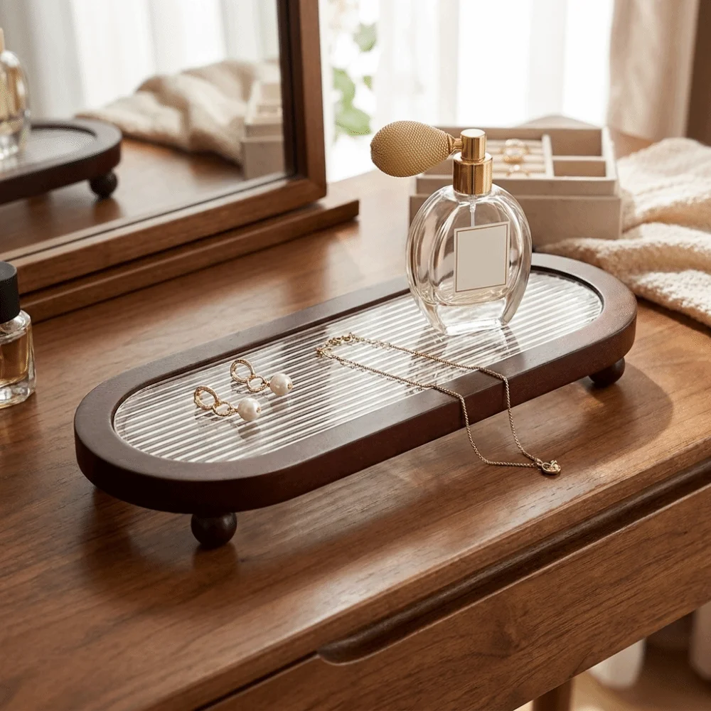 Embossed Pattern Oval Wooden Decorative Tray Round Ball Feet Large Capacity Toothbrush Cup Holder Space Saving