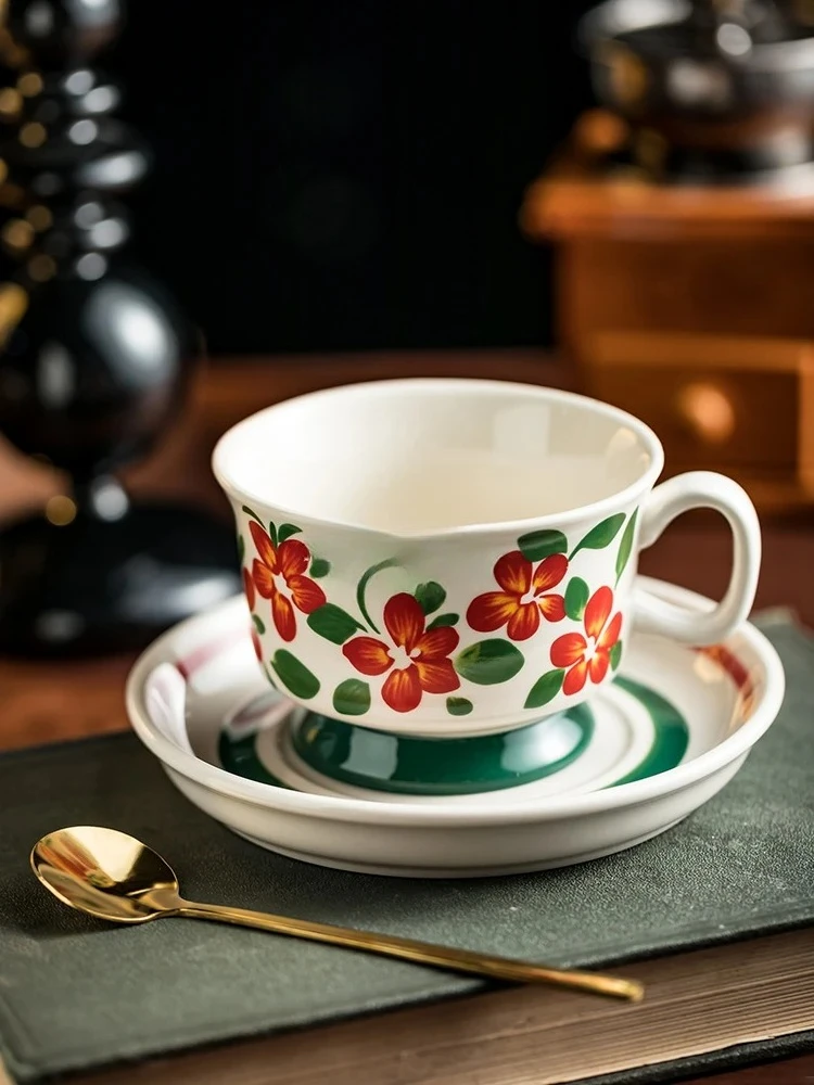 Ceramic Coffee Cup and Saucer Set Fruit Flower Tea Cup Cute Ceramic Cup