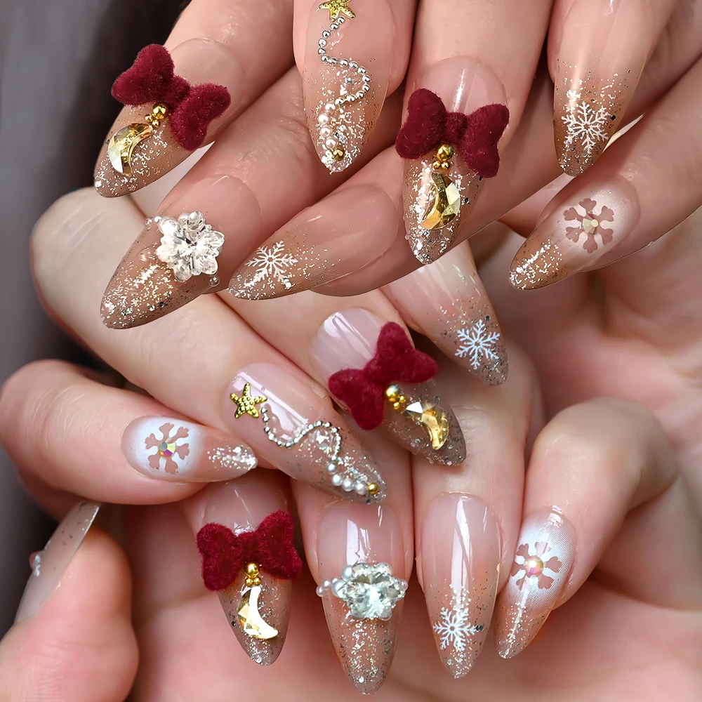 

24pcs 3D Velvet Bow Snowflake Christmas Fake Nail Tips Medium Almond Glitter Acrylic False Nails Full Cover Xmas Press On Nails*