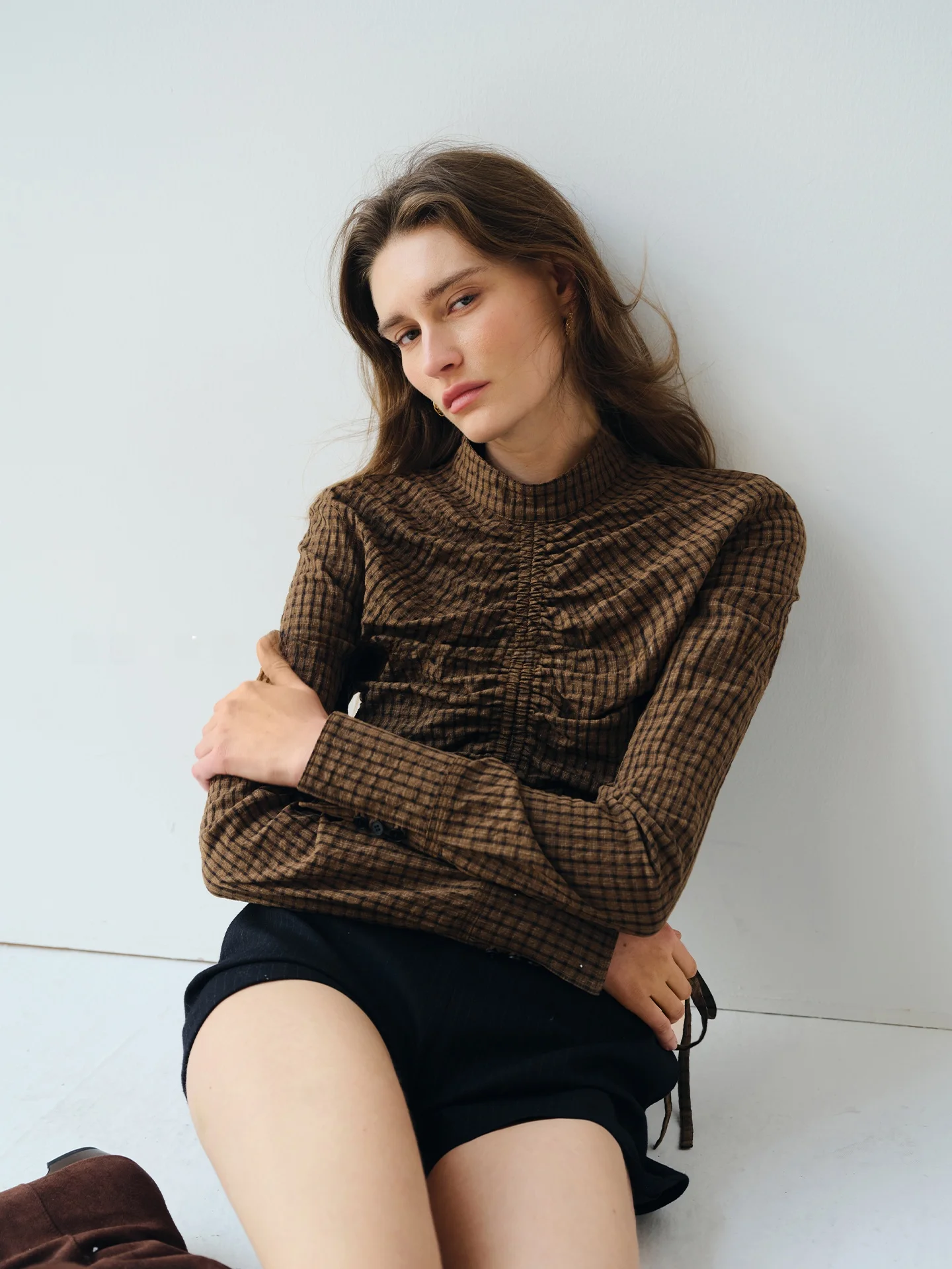 

Slimming Bubble Cloth irt Vintage Plaid Folded Design Conceal Meatin Women's Cotton Long Sve Stand Collar Spring irt