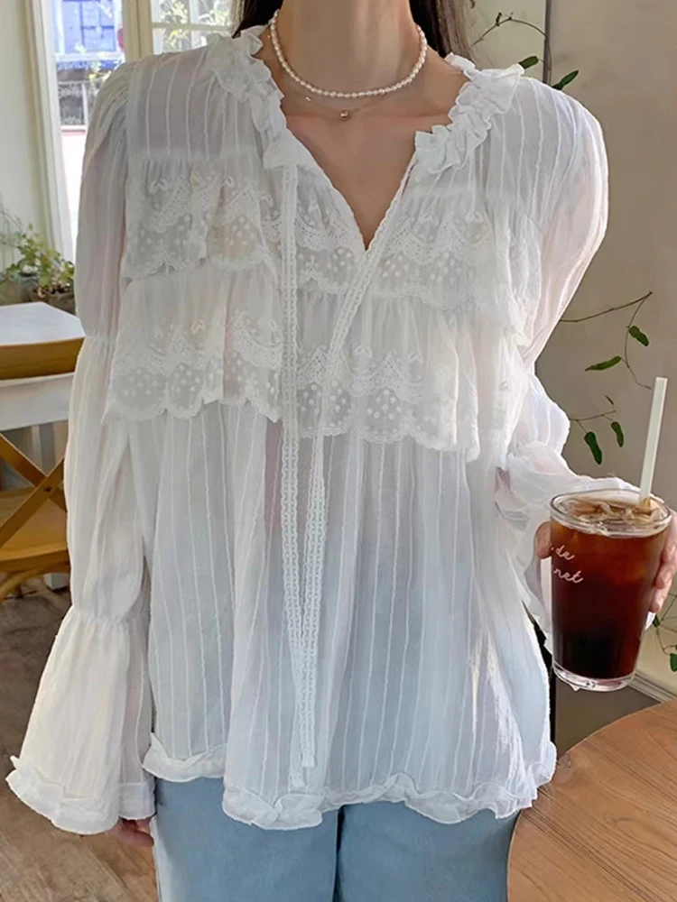 

Chic Spring Sweetn V-ne Sa Design Loose Splicing Lace Long Sve Striped Chiffon irt Korean Sle Commute Faion