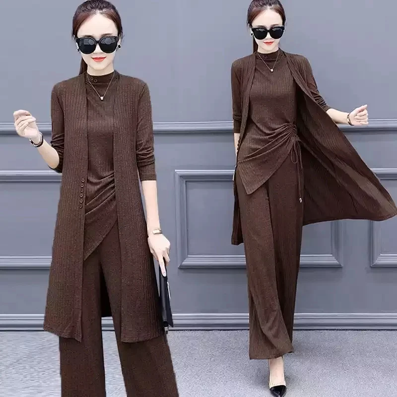 

New Spring and Summer Chubby Sister Fashion Wide Leg Pants Set Women Korean Version 200 Catty Casual Three Piece Knit Shirt C56
