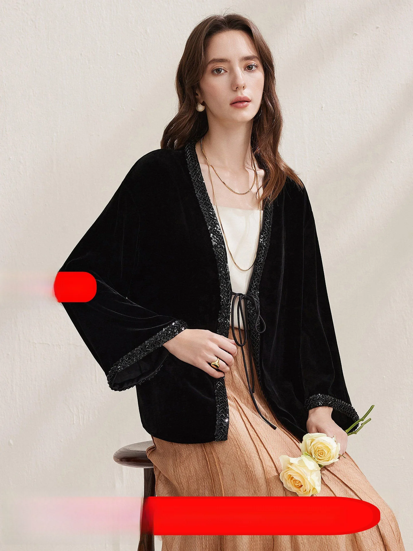 

Zhaojun Spring Summer Velvet Long Sleeve Women's Top Loose Black Beaded Belted Casual Elegant Style Silk Comfortable Outerwear