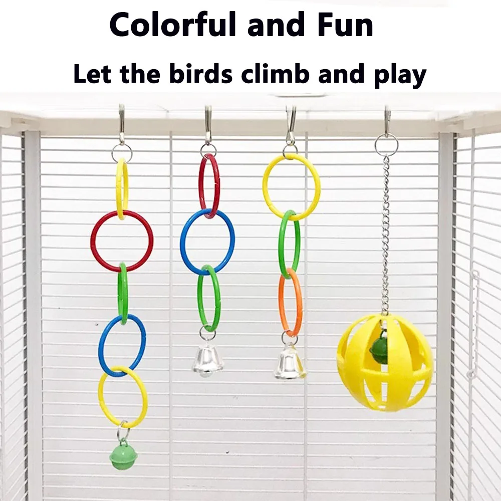 Anneau en plastique coloré pour oiseaux, chaîne de jeu, crochet rond, balançoire, Cage d'escalade, jouets avec cloche, décoration pour perroquets, décoration de Cage à oiseaux