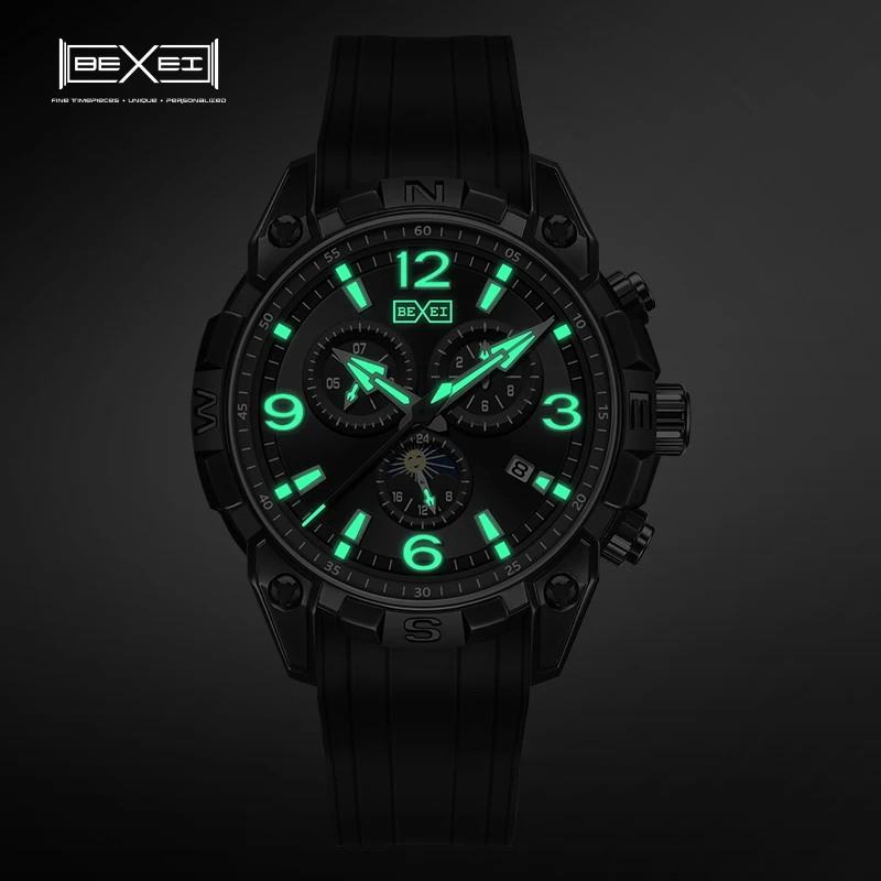 BEXEI 2025 أسود المحارب شهر يوم أسبوع التقويم 24H متعددة الوظائف الميكانيكية حركة أوتوماتيكية رجل ساعة الياقوت الكريستال