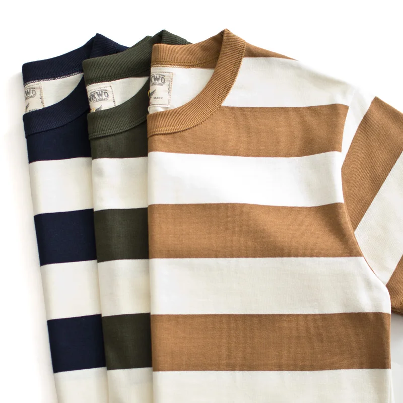 American Retro Thick Cotton Male T-shirt 280g Navy Motorcycle  Color Wide Stripes Short Sleeve Breathable Summer Top