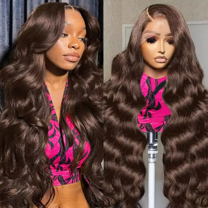 Pelucas de cabello humano con encaje frontal transparente 13x4, color marrón chocolate, onduladas, 13x6, pre-arrancadas con cabello de bebé para mujer, pelucas con encaje frontal onduladas.
