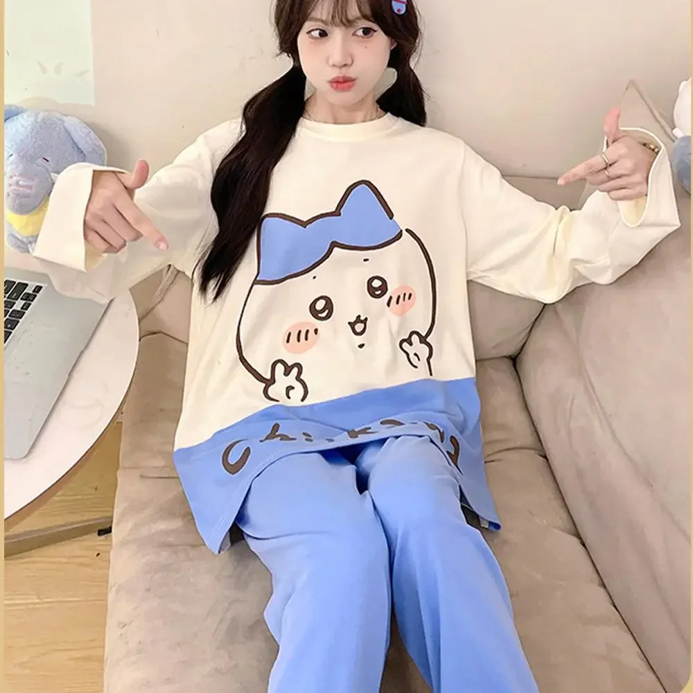 

2Pcs Kawaii Pajamas Suit Chiikawa Usagi Cotton Spring Anime Hachiware Long Sleeves Pants Sleepwear Casual Girls Student Homewear