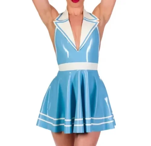 

Natural Latex Handmade Uniform Collar Backless Dress Blue V-neck Neck Halter dress Decoration white