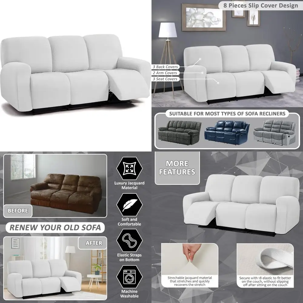 

Stretch Reclining Couch Covers 8-Piece Set for 3 Cushion Sofas, Thick and Soft Slipcovers for Recliner Sofas