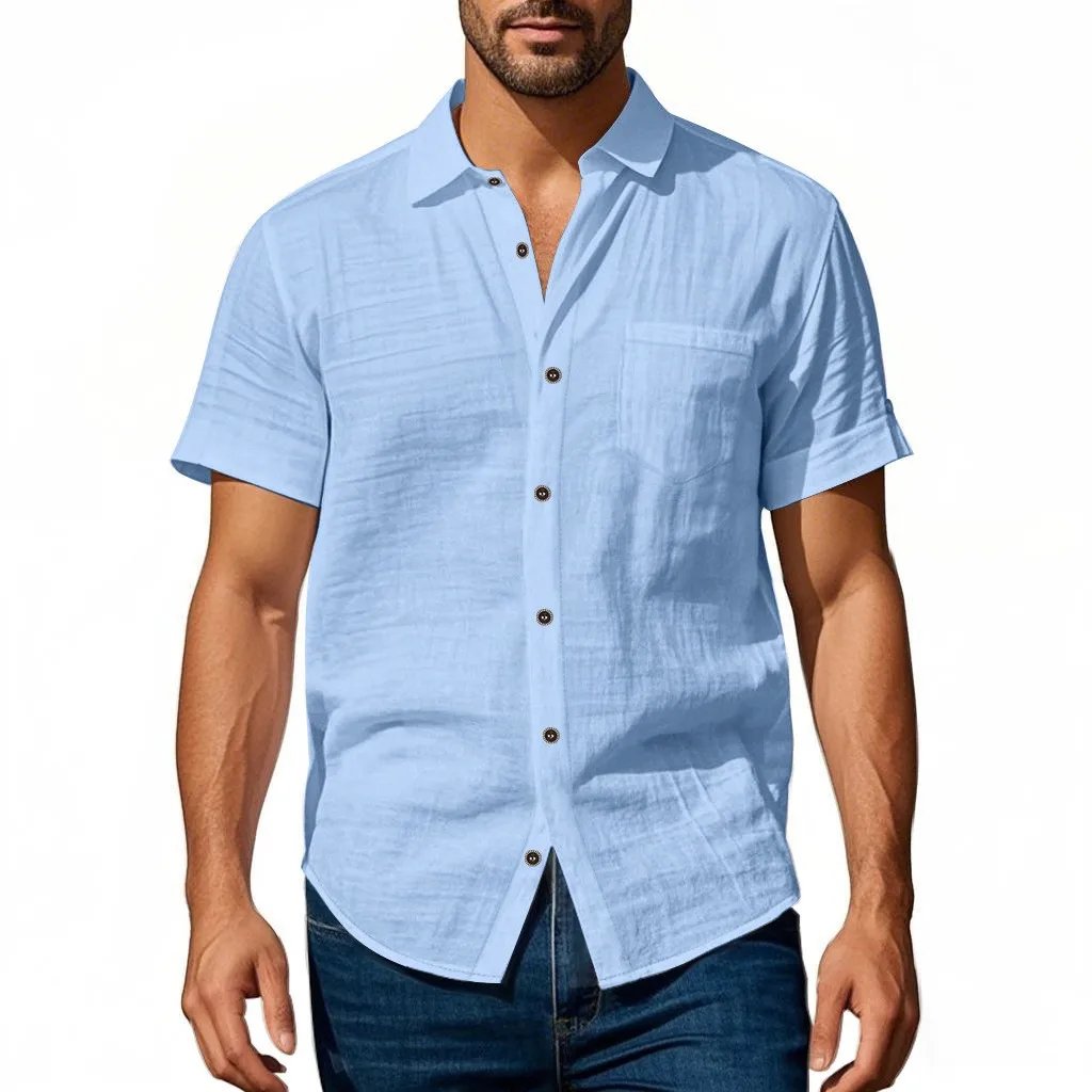 Men Short Sleeve Linen Shirt Summer Solid Color Lightweight Soft Casual Lapel Tops Male Daily Wear Beach Streetwear Apparel