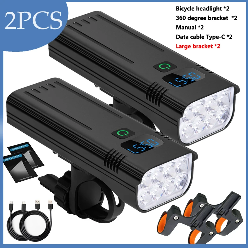 2Sets 10000mAh Bicycle Lights Rechargeable MTB 8*LED Bicycle Flashlight With Double Holder Cycling Light Bike Accessories