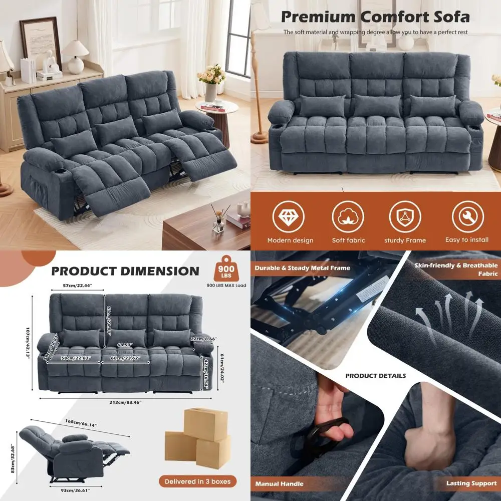 

Большой 3-местный ручной диван-реклайнер с подстаканниками и боковыми карманами для удобной гостиной и взрослых