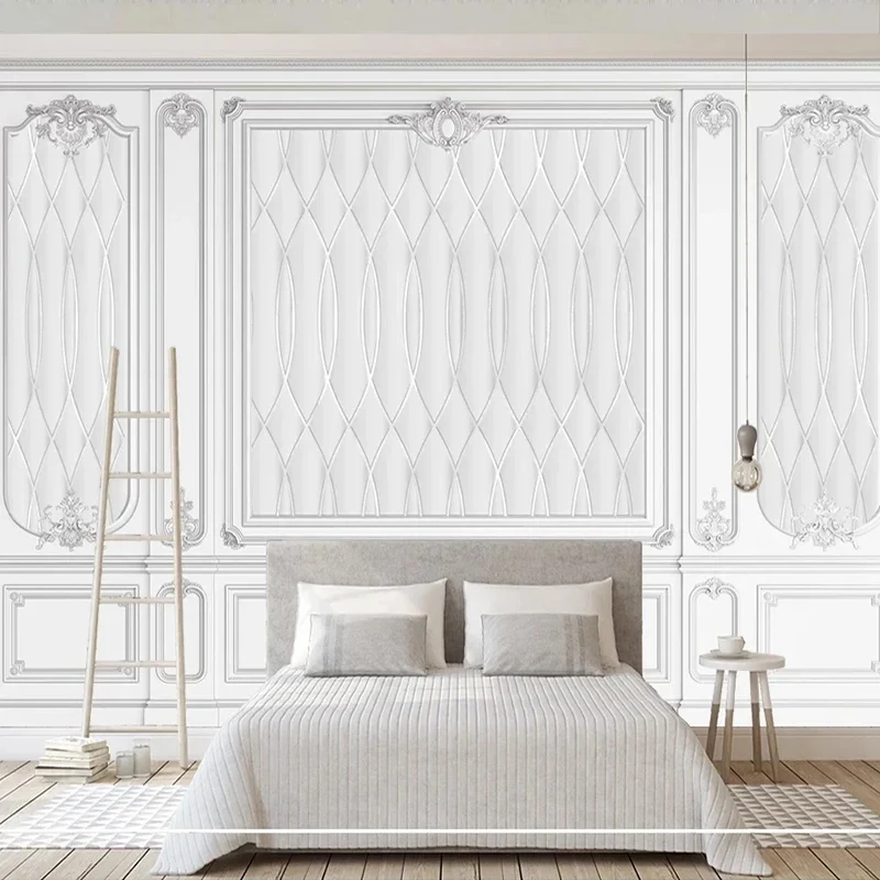 European Style 3D Carved White Plaster Line Wall Mural Wallpaper for Living Room Bedroom TV Sofa Home Decor Art Painting